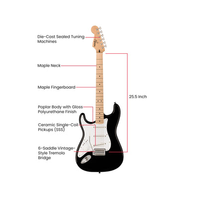 Fender Squier Sonic Stratocaster, Left Handed - Black w/ Mustang Micro