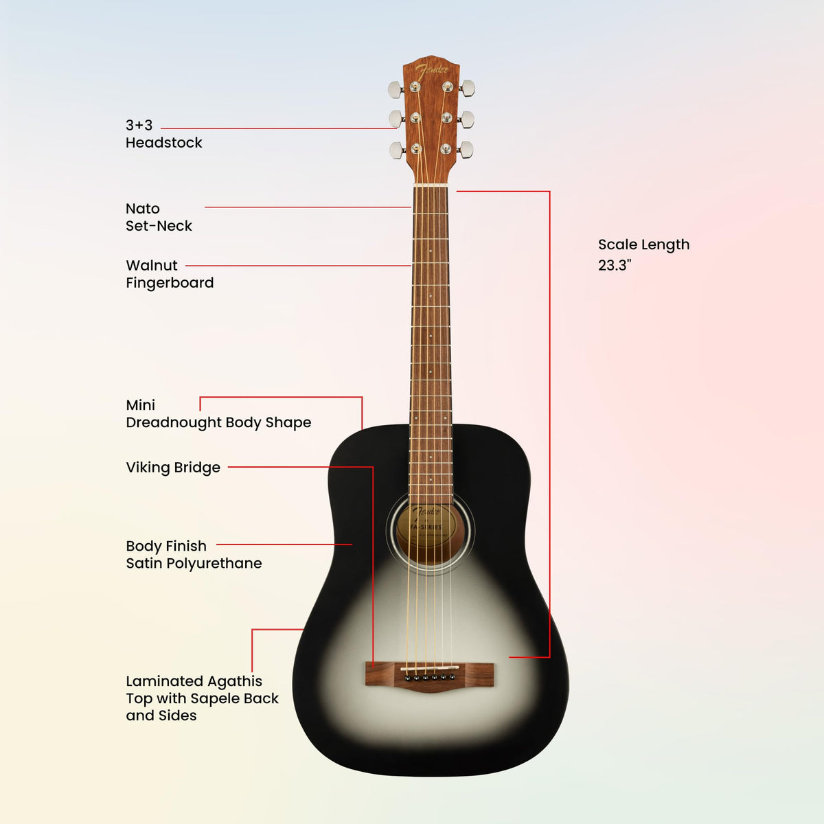 Fender FA-15 3/4-Scale Kids Steel String Acoustic Guitar - Moonlight Burst w/ Gig Bag