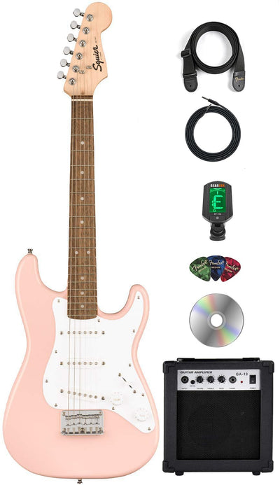 Fender Squier 3/4-Size Kids Mini Strat Electric Guitar - Shell Pink w/ Amplifier