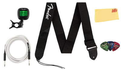 Fender Accessory Essentials Pack Bundle with Cable, Clip-On Tuner, Strap, 3-Pack Picks, and Austin Bazaar Polishing Cloth