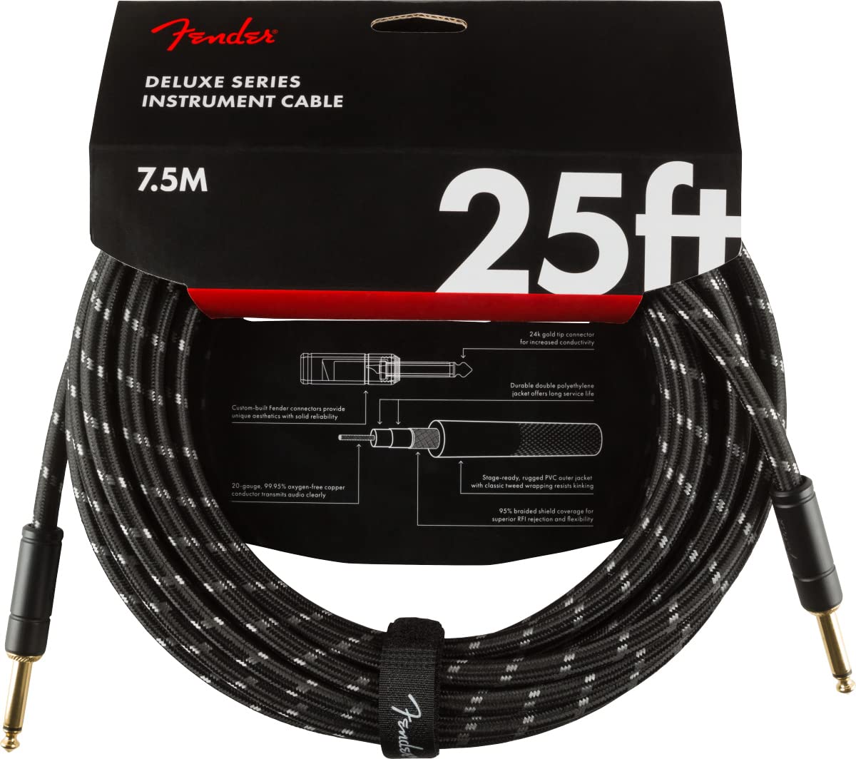 Fender 25-Foot Deluxe Instrument Cable, Straight-Straight, Black Tweed - 2 Pack