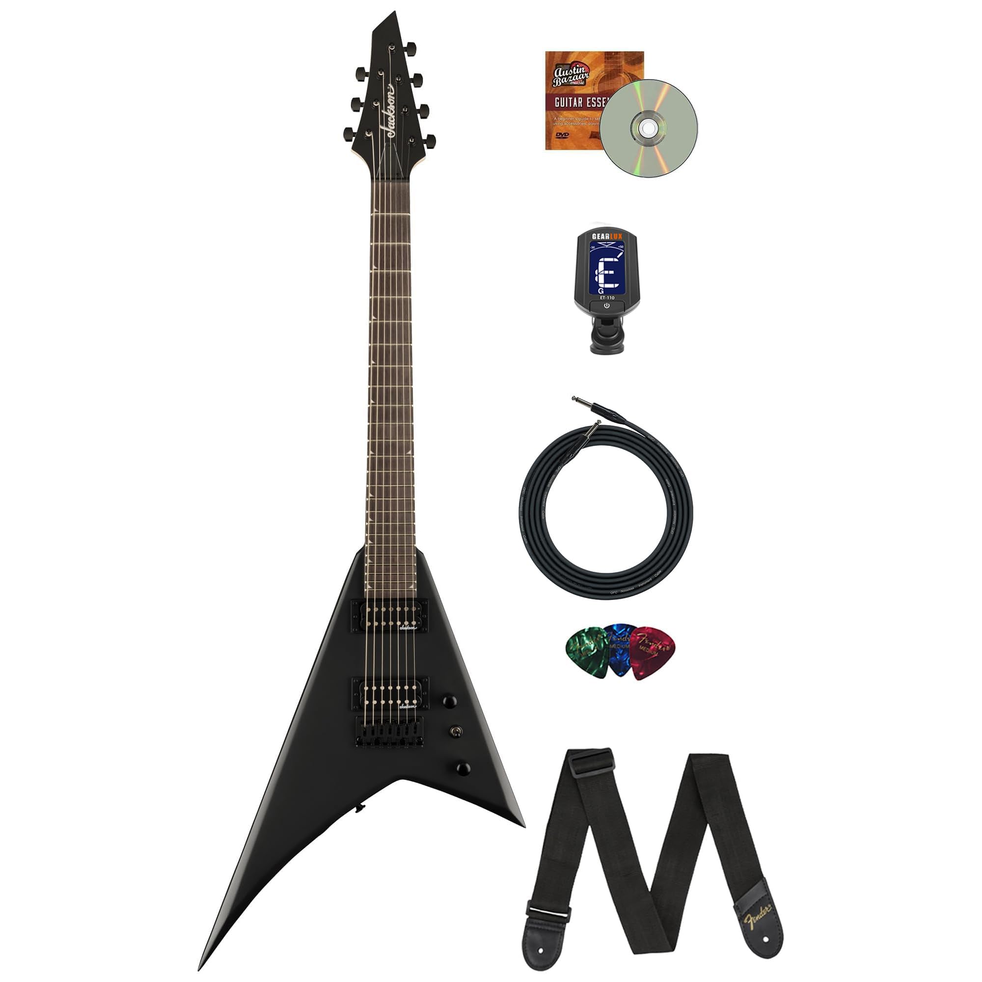 Jackson JS Series Rhoads JS22-7 RR HT 7-String Electric Guitar - Satin Black w/ Instrument Cable