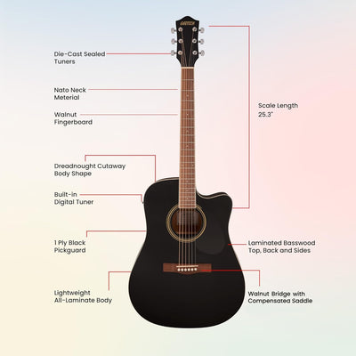 Gretsch Prelude D100CE Dreadnought Cutaway Acoustic-Electric Guitar - Black