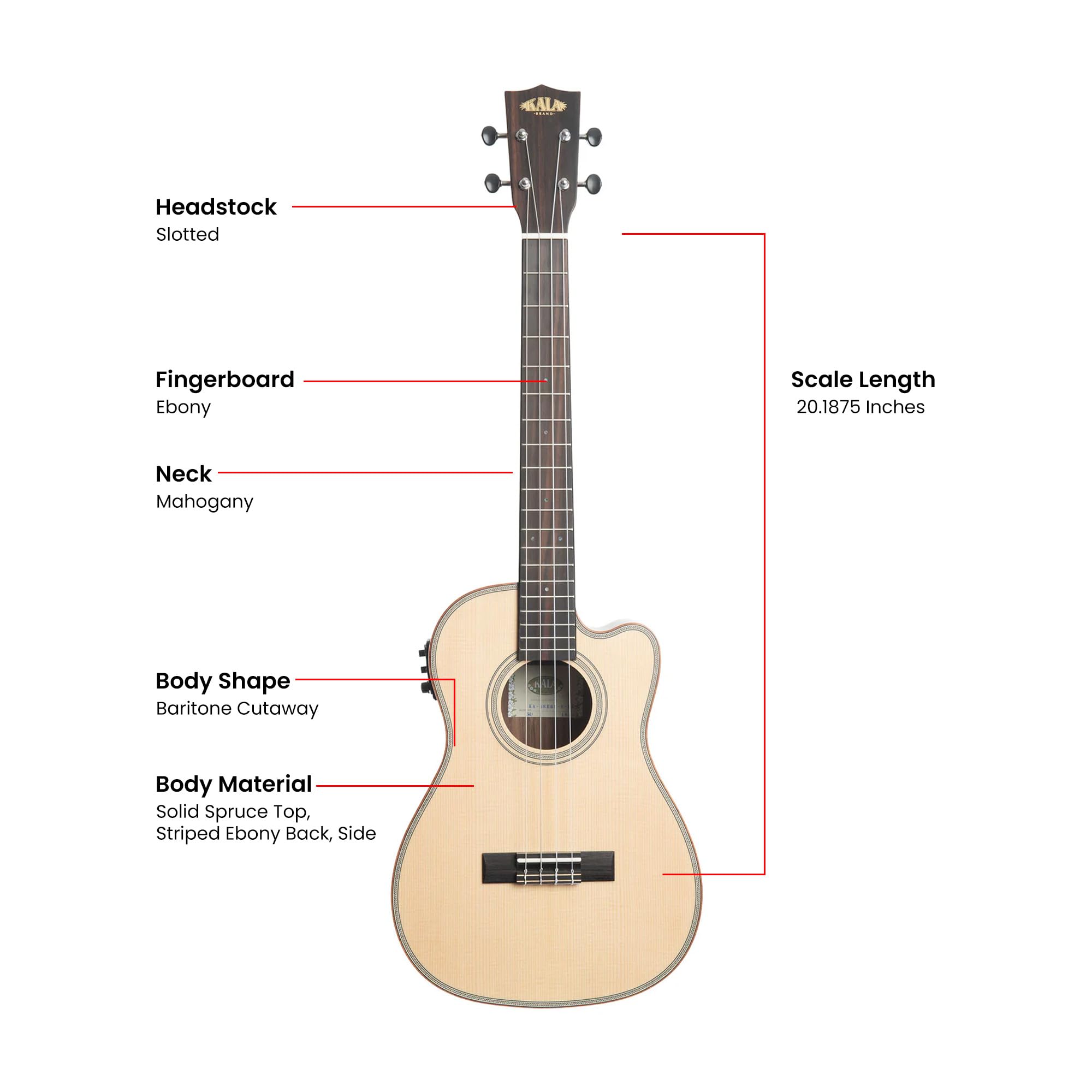 Kala KA-SSEBY-B-CE Solid Spruce Top Striped Ebony Baritone Cutaway Acoustic-Electric Ukulele