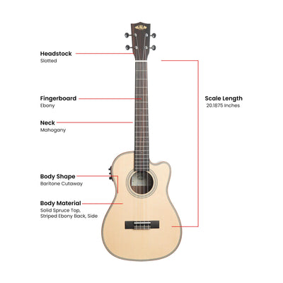 Kala KA-SSEBY-B-CE Solid Spruce Top Striped Ebony Baritone Cutaway Acoustic-Electric Ukulele
