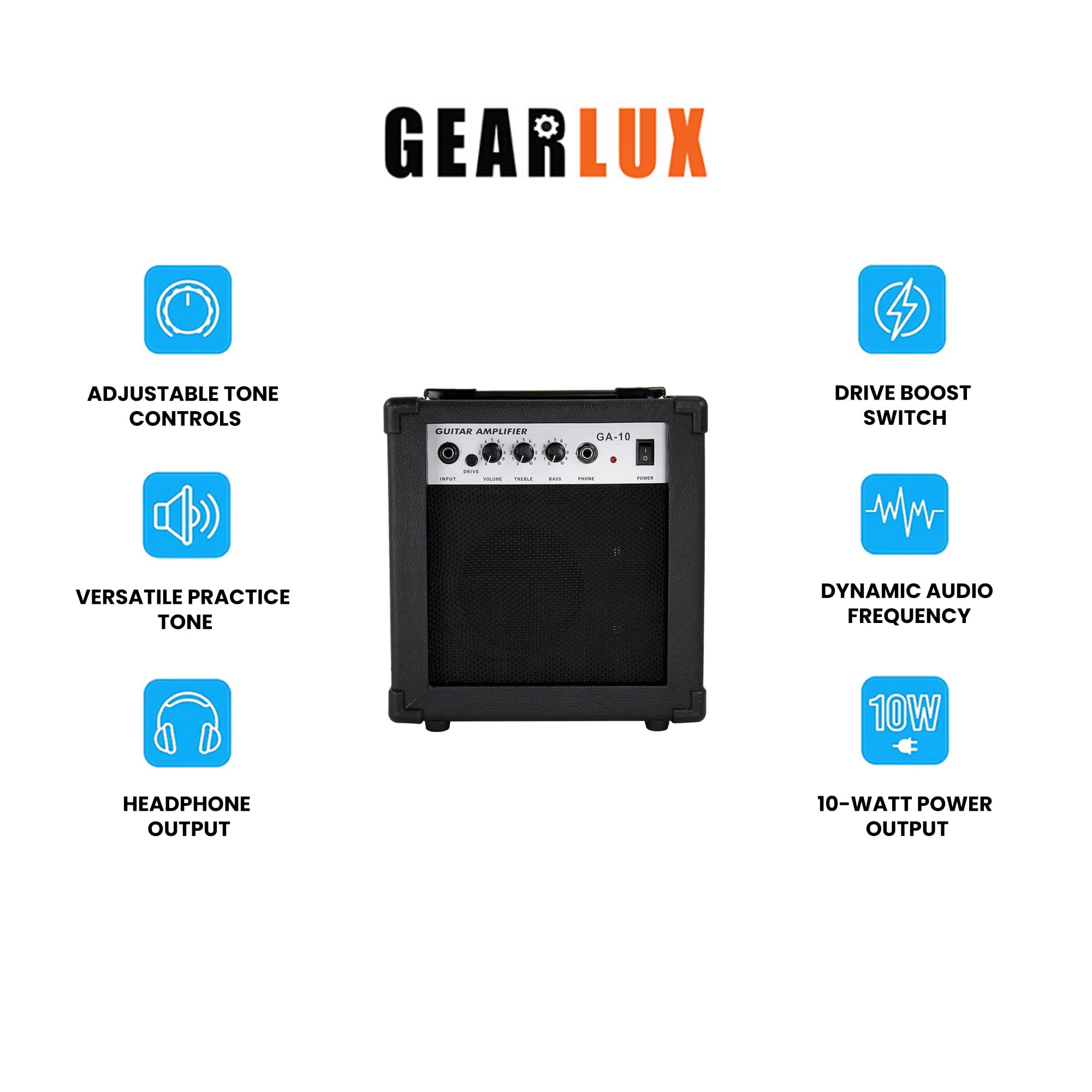 Gearlux GA10 10-Watt Electric Guitar Amplifier - Black