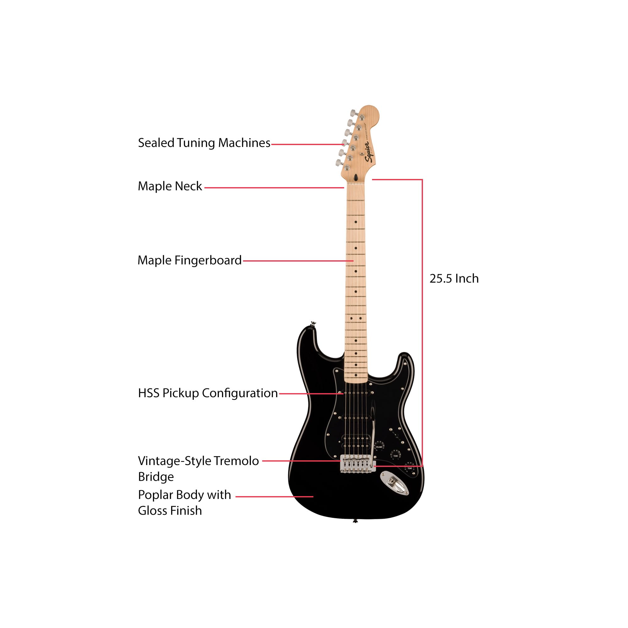 Fender Squier Sonic Stratocaster HSS - Black w/ Mustang Micro Headphone Amplifier