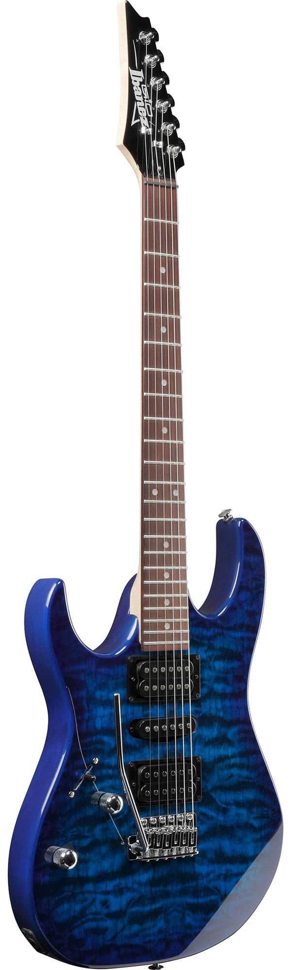 Ibanez GRX70QAL RG Gio Electric Guitar, Left Handed - Transparent Blue Burst w/ Amplifier