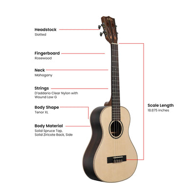 Kala KA-ASZCT-ST All-Solid Spruce Top Ziricote Tenor XL Ukulele