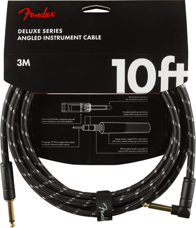 Fender 10-Foot Deluxe Instrument Cable, Straight-Angled, Black Tweed - 2 Pack