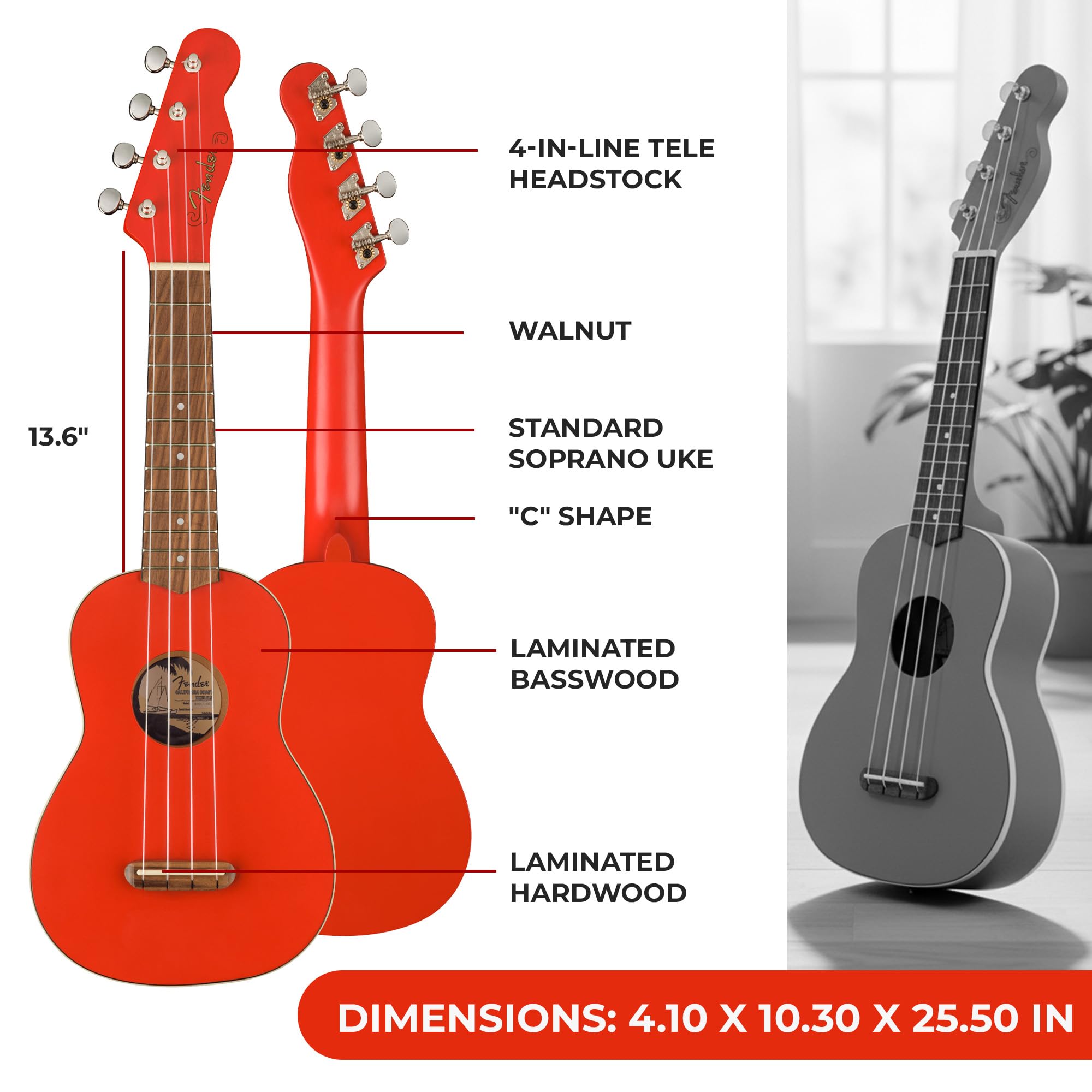 Fender Venice Soprano Ukulele - Fiesta Red