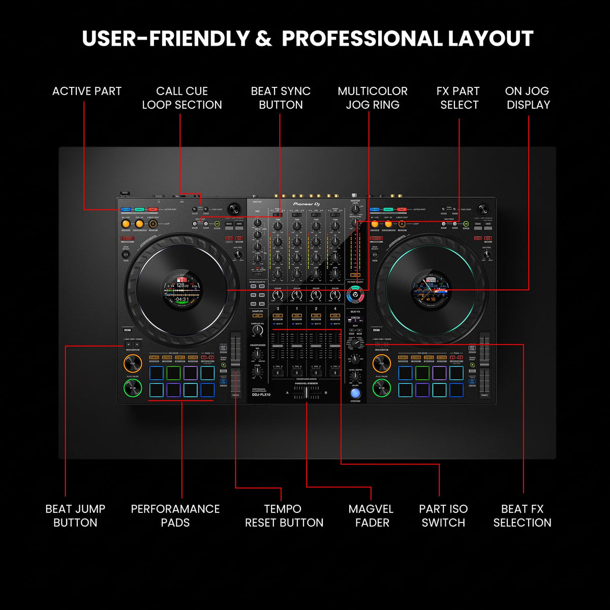 Pioneer DJ DDJ-FLX10 4-Channel Professional DJ Controller - Black w/ Laptop Stand