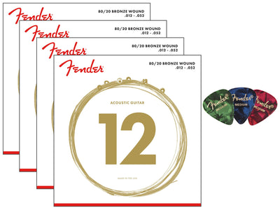 Fender 80/20 Bronze Acoustic Guitar Strings, Ball End, Light, .012-.052 - 4 Pack with Picks