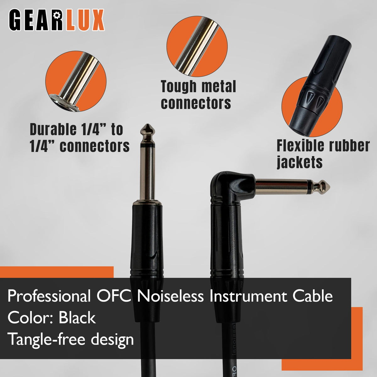 Gearlux 36-Inch Guitar Patch Cable, 1/4 Inch, Straight-Angled, Black - 6 Pack