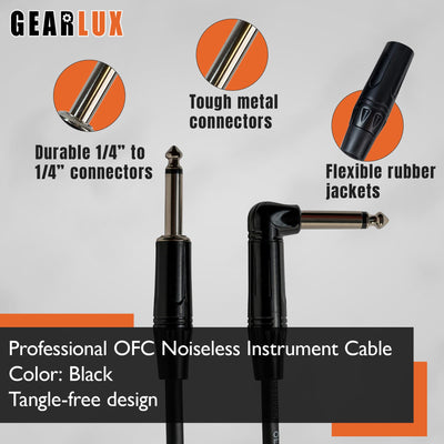 Gearlux 36-Inch Guitar Patch Cable, 1/4 Inch, Straight-Angled, Black - 6 Pack
