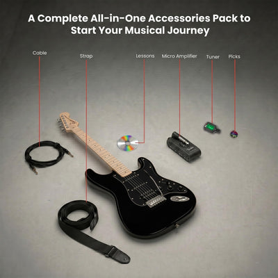Fender Squier Sonic Stratocaster HSS - Black w/ Mustang Micro Headphone Amplifier