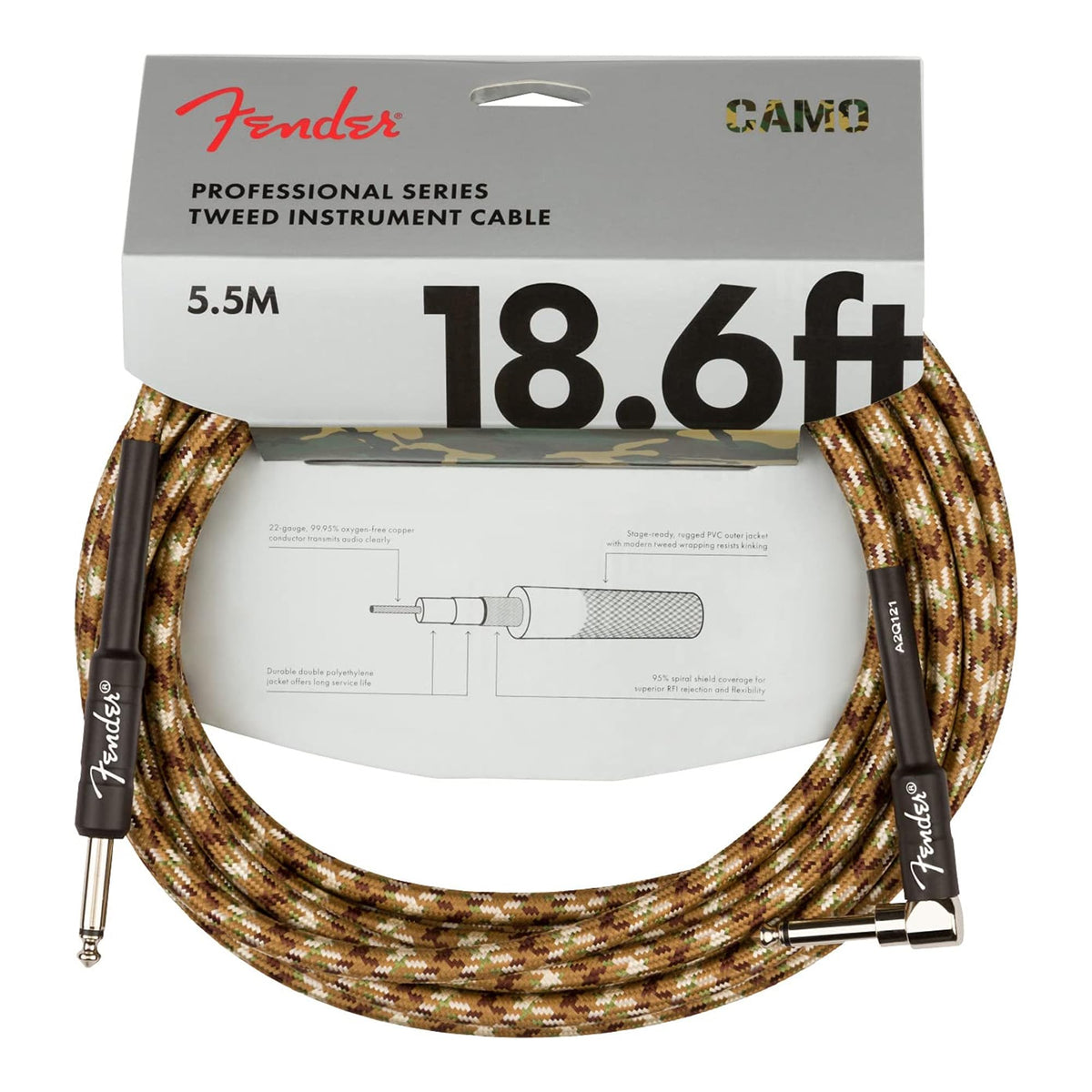 Fender 18.6-Foot Professional Instrument Cable, Straight-Angled, Desert Camo - 2 Pack