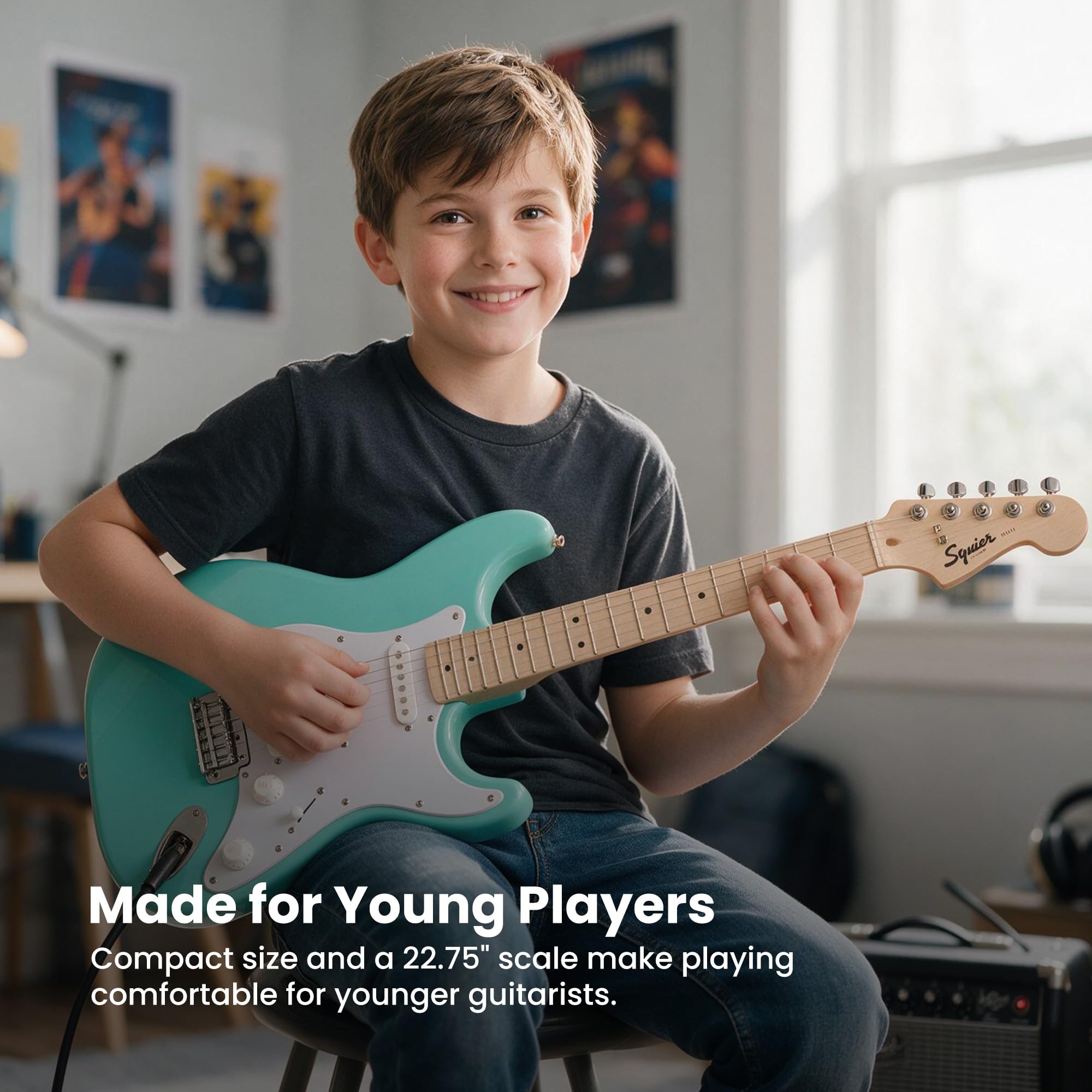 Fender Squier 3/4-Size Kids Mini Strat Electric Guitar - Sea Foam Green w/ Amplifier