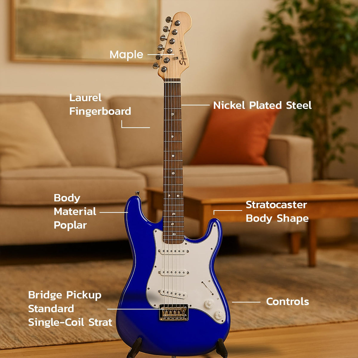 Fender Squier 3/4-Size Kids Mini Strat Electric Guitar - Imperial Blue w/ Amplifier