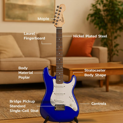 Fender Squier 3/4-Size Kids Mini Strat Electric Guitar - Imperial Blue w/ Amplifier