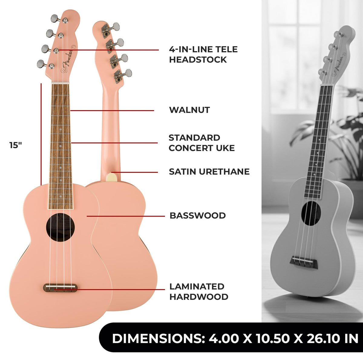 Fender Monterey Concert Ukulele - Shell Pink