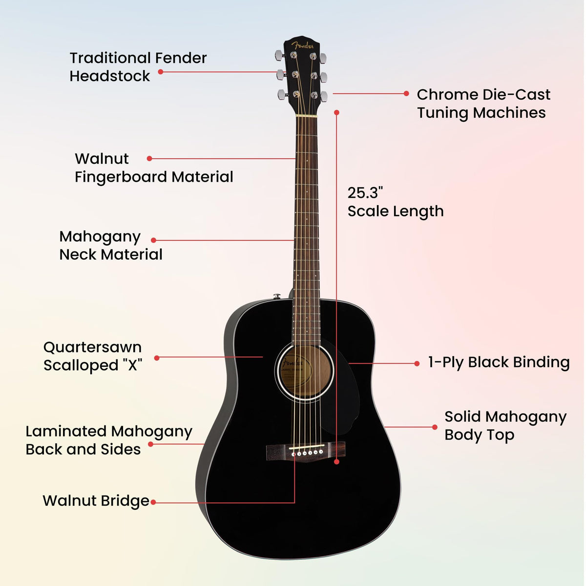 Fender CD-60S Solid Top Dreadnought Acoustic Guitar - Black w/ Gig Bag