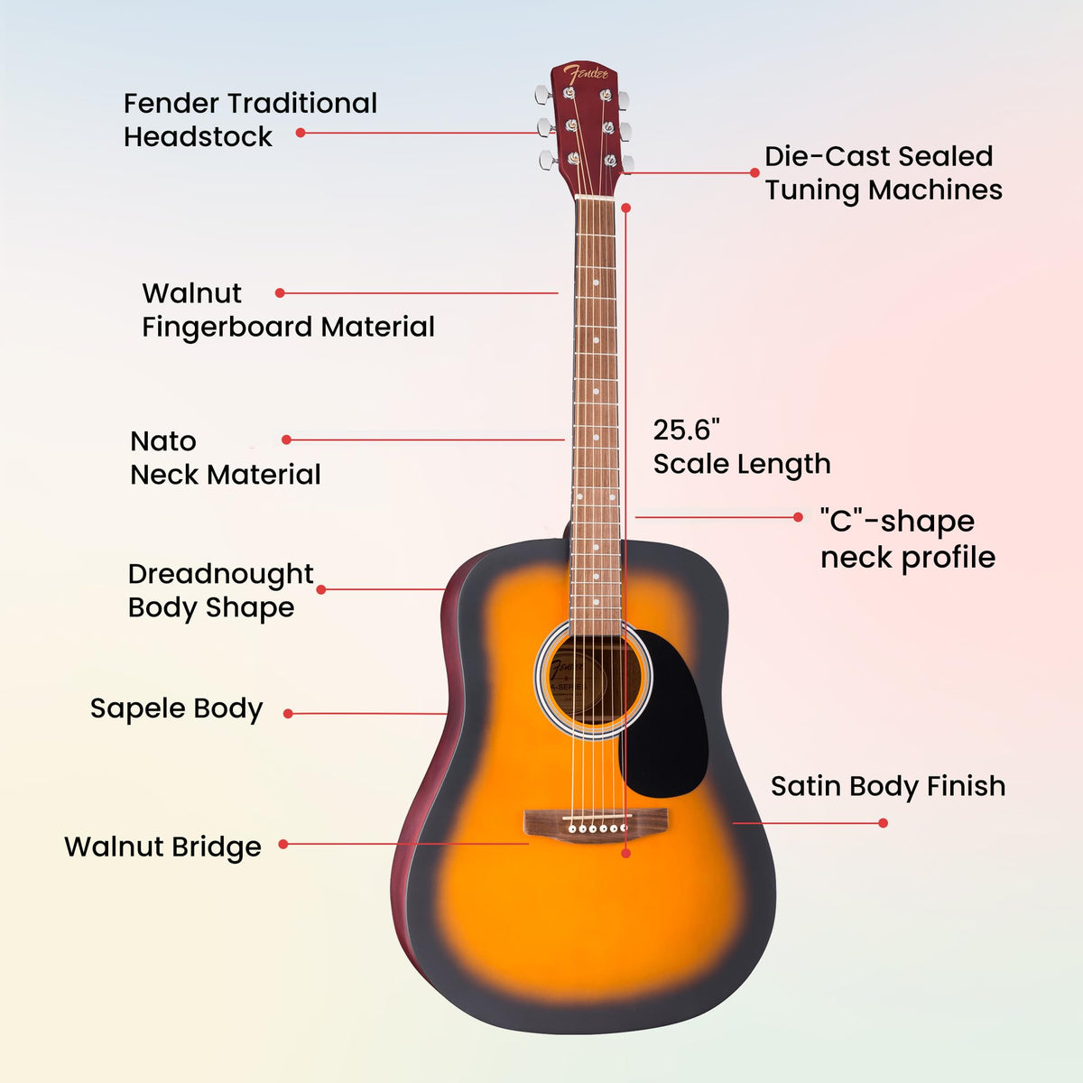 Fender FA Series Dreadnought Acoustic Guitar - 2-Color Sunburst w/ Gig Bag