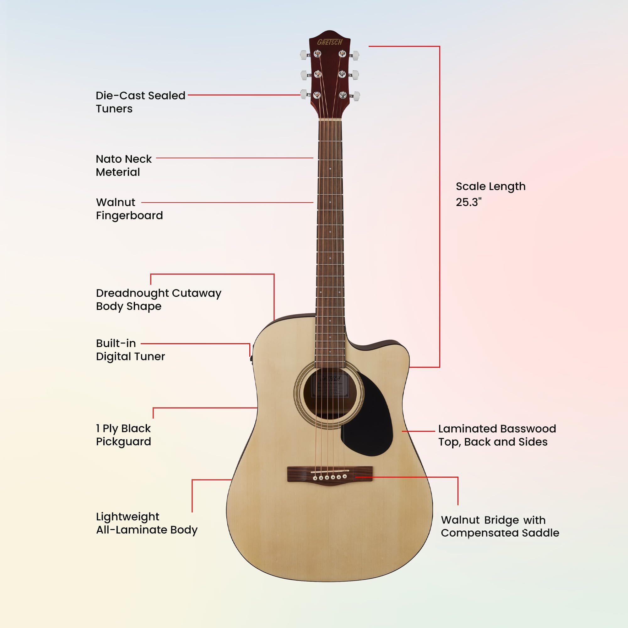 Gretsch Prelude D100CE Dreadnought Cutaway Acoustic-Electric Guitar - Natural