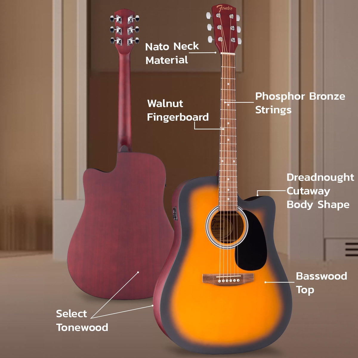 Fender FA Series Dreadnought Acoustic-Electric Guitar - 2-Color Sunburst w/ Gig Bag