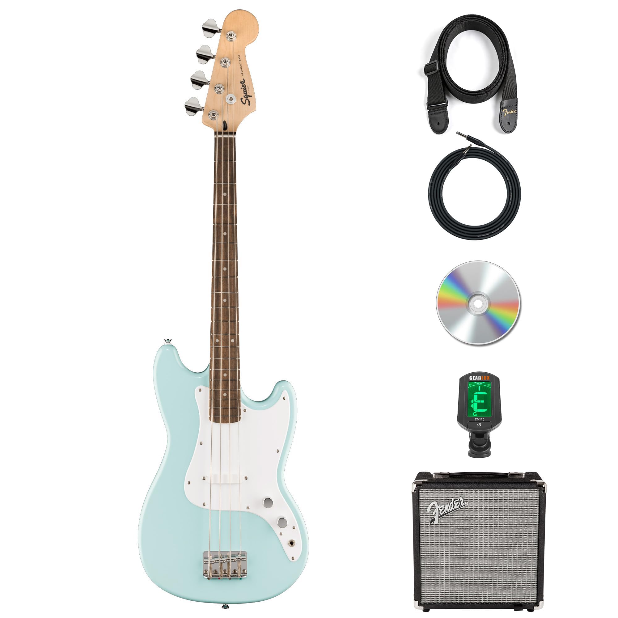 Fender Squier Sonic Bronco Bass Guitar - Daphne Blue w/ Rumble 15 Amplifier