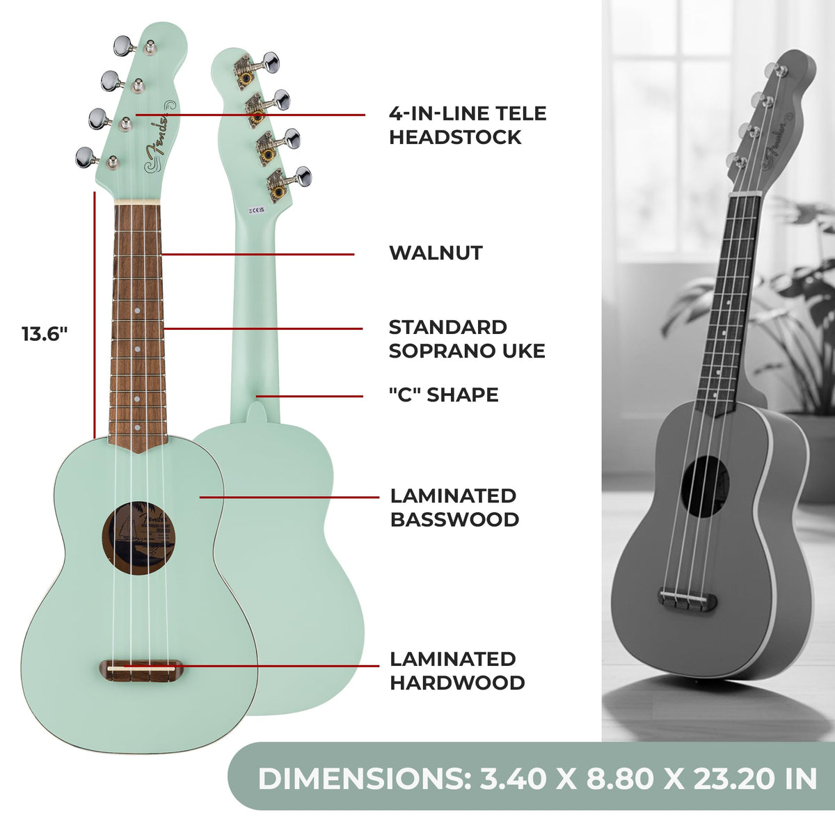Fender Venice Soprano Ukulele - Surf Green w/ Gig Bag