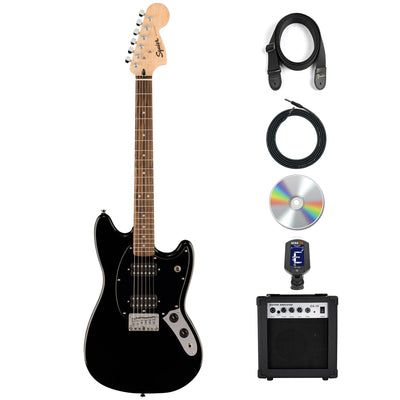Fender Squier Sonic Mustang HH Electric Guitar - Black w/ Amplifier