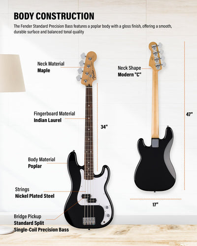 Fender Standard Precision Bass - Black w/ Guitar Cleaning Kit