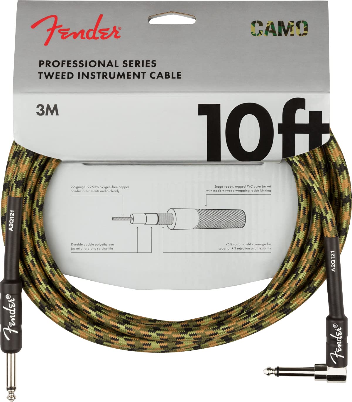 Fender 10-Foot Professional Instrument Cable, Straight-Angled, Woodland Camo - 1 Pack