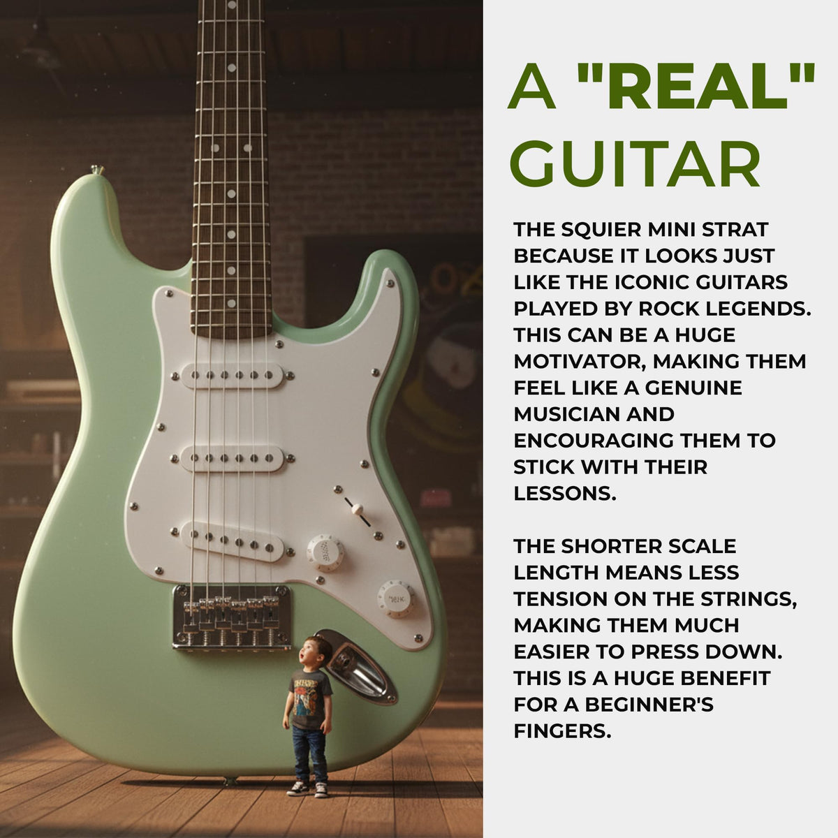 Fender Squier 3/4-Size Kids Mini Strat Electric Guitar - Surf Green w/ Amplifier