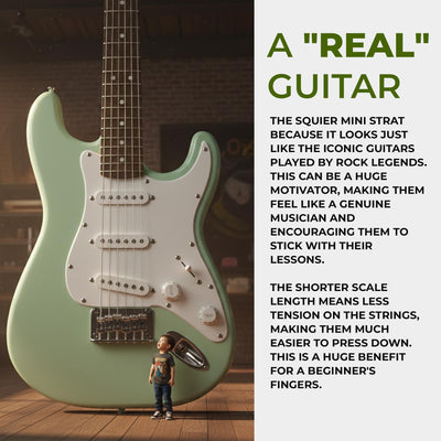 Fender Squier 3/4-Size Kids Mini Strat Electric Guitar - Surf Green w/ Amplifier