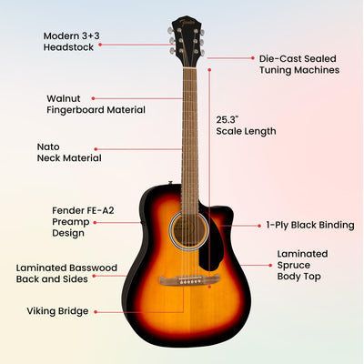 Fender FA-125CE Dreadnought Cutaway Acoustic-Electric Guitar - Sunburst w/ Gig Bag