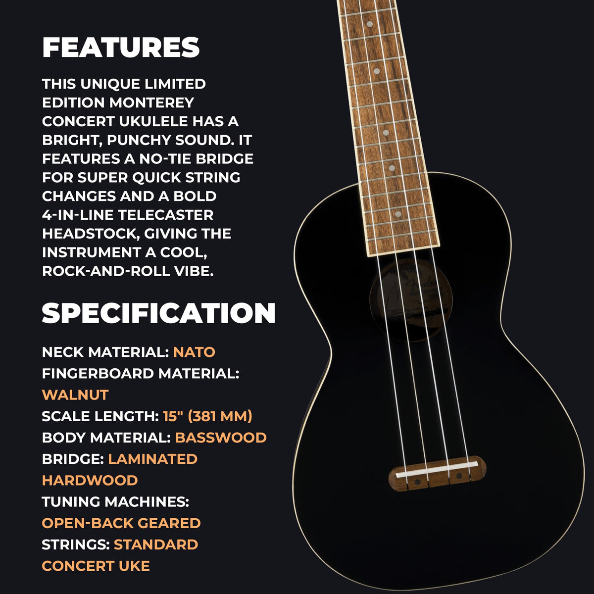 Fender Monterey Concert Ukulele - Black