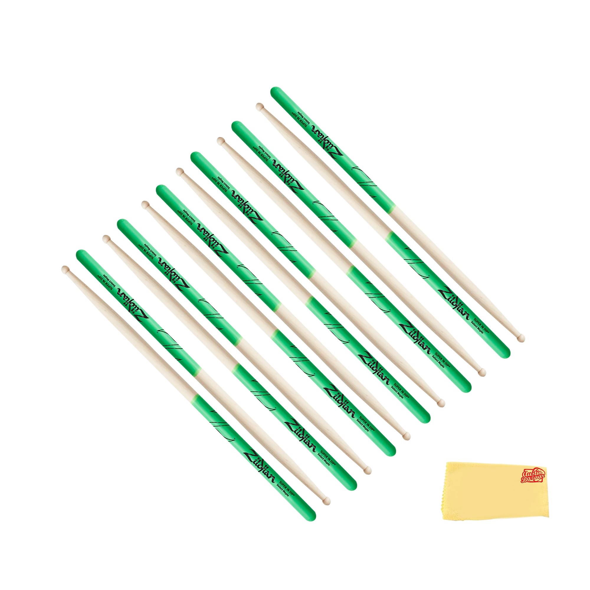 Zildjian Super 7A Maple Green DIP Drumsticks - 6-Pack Bundle with Austin Bazaar Polishing Cloth