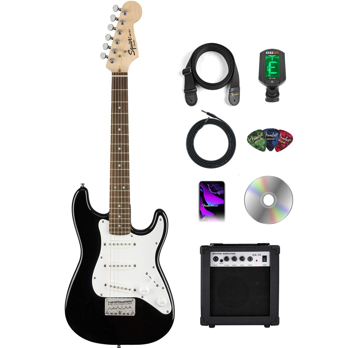 Fender Squier 3/4-Size Kids Mini Strat Electric Guitar - Black w/ Amplifier