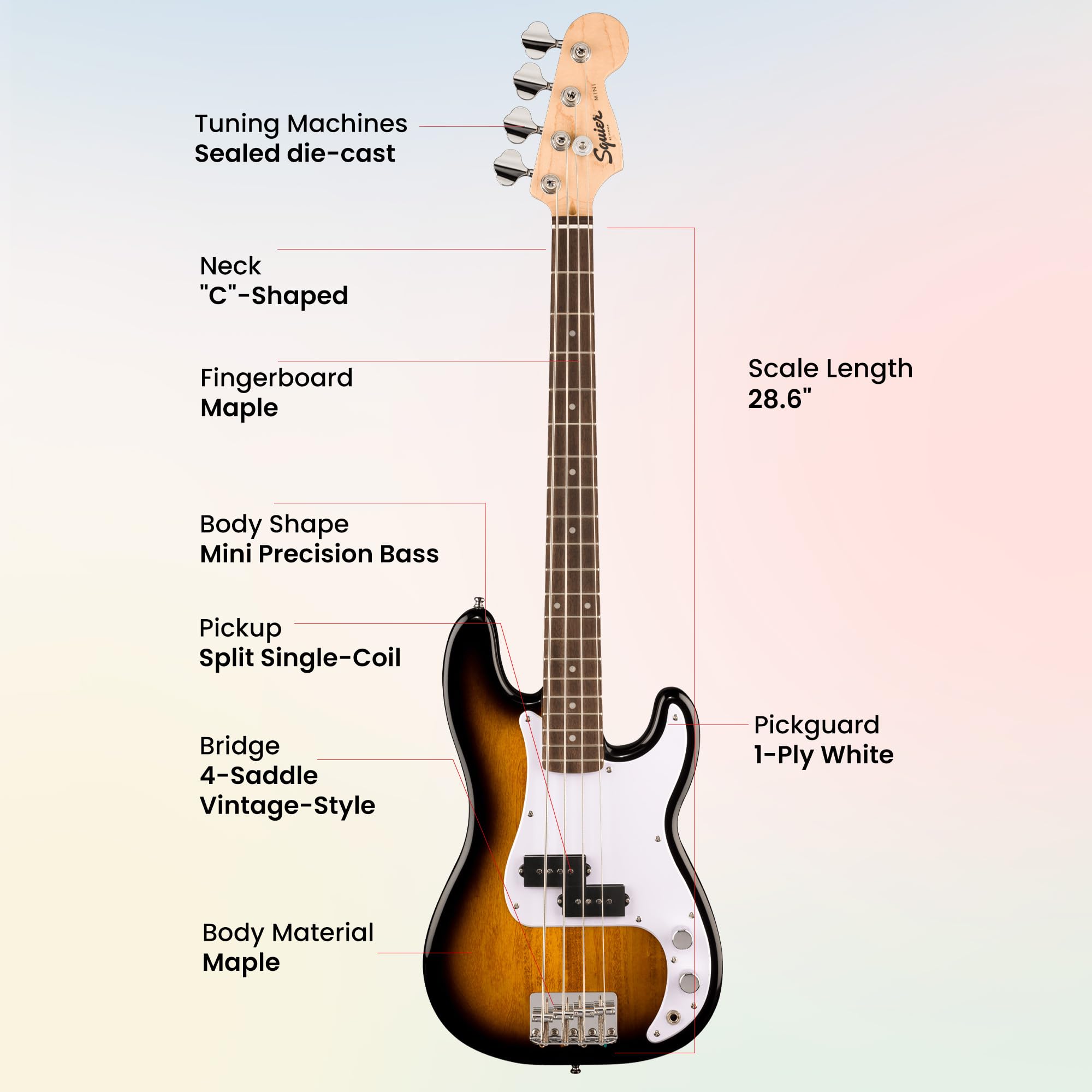 Fender Squier Mini Precision Bass Guitar - 2-Color Sunburst w/ Instrument Cable