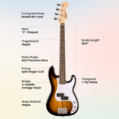 Fender Squier Mini Precision Bass Guitar - 2-Color Sunburst w/ Instrument Cable