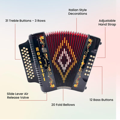 Rossetti 3112 31-Button 12-Bass Diatonic Accordion, Key of GCF - Gloss Black w/ Hard Case
