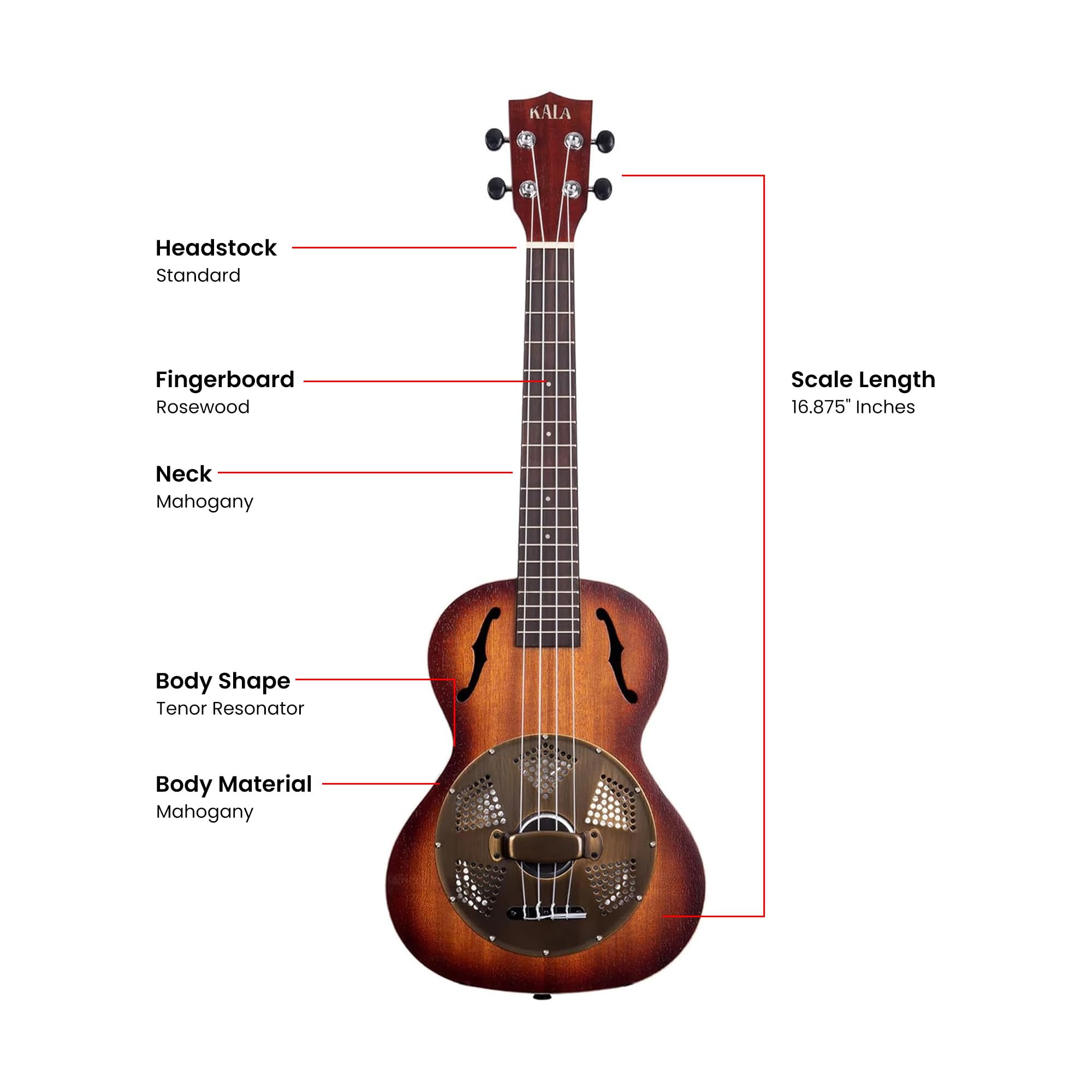 Kala KA-RES-BRS Tenor Resonator Ukulele with Brass Cover - Mahogany Burst
