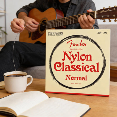 Fender Nylon Classical Guitar Strings, Normal Tension, .028-.043, Tie End - 6 Pack w/ Picks