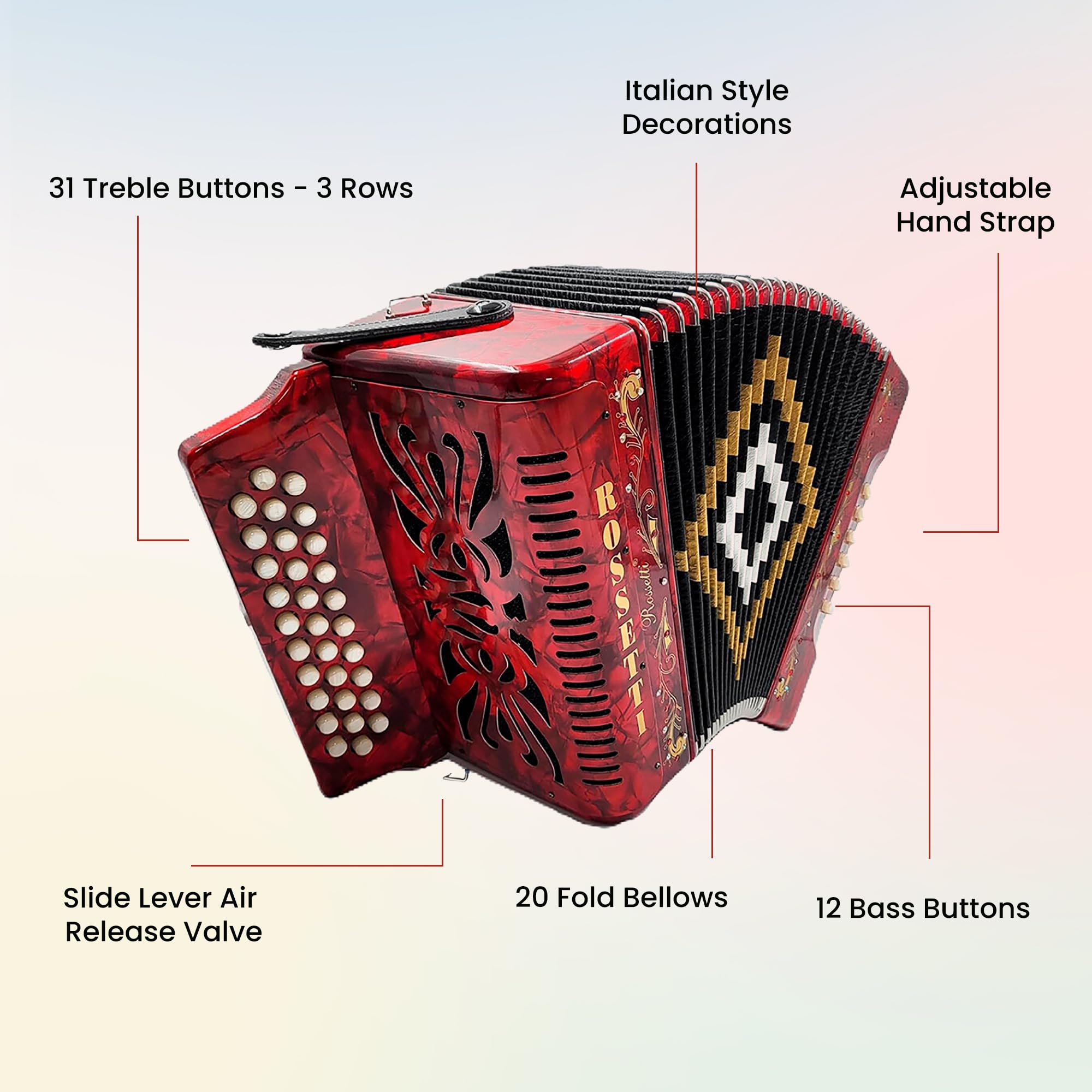 Rossetti 3112 31-Button 12-Bass Diatonic Accordion, Key of FBE - Red w/ Hard Case