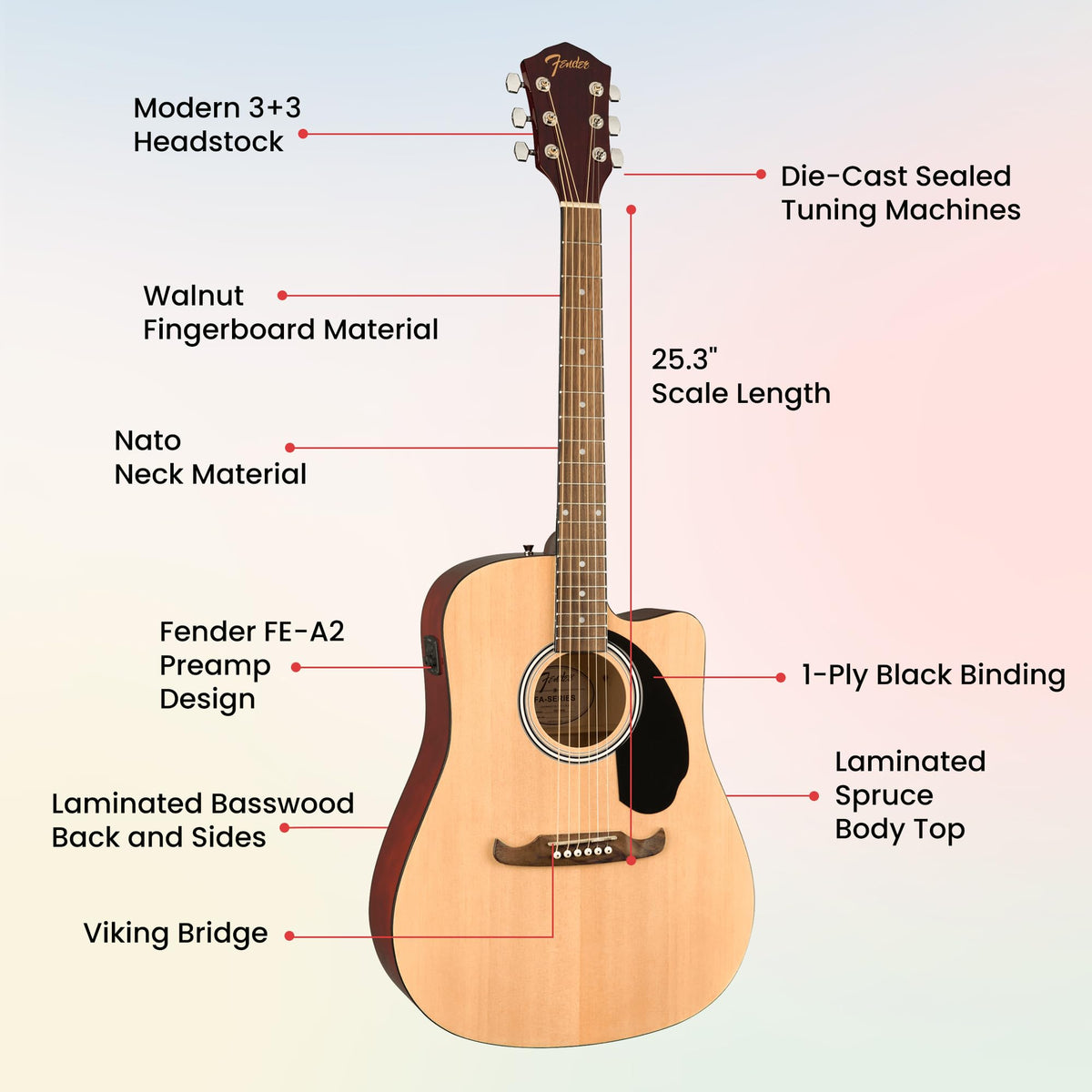 Fender FA-125CE Dreadnought Cutaway Acoustic-Electric Guitar - Natural w/ Gig Bag