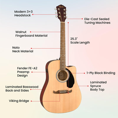 Fender FA-125CE Dreadnought Cutaway Acoustic-Electric Guitar - Natural w/ Gig Bag