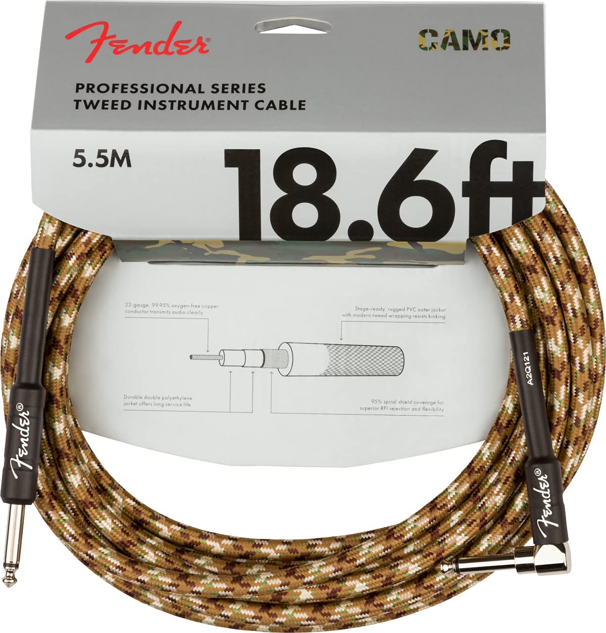 Fender 18.6-Foot Professional Instrument Cable, Straight-Angled, Desert Camo - 1 Pack