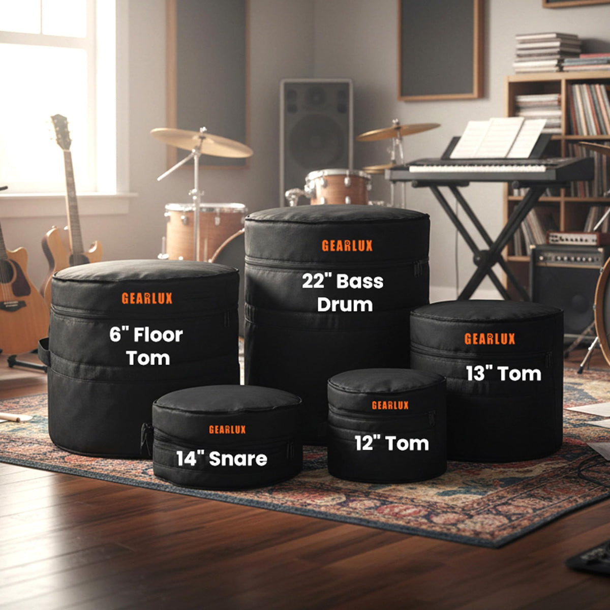 Gearlux 5-Piece Drum Bag Set for 12" Tom, 13" Tom, 14" Snare, 16" Floor Tom, 22" Bass Drum